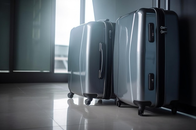 Two suitcases are sitting on a floor in front of a window.