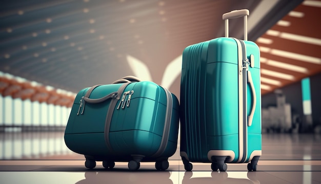 Два чемодана лежат на полу в терминале.