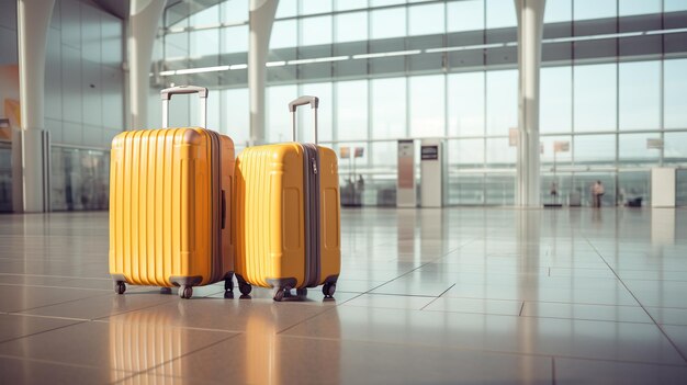 출발 공항 터미널 대기 구역에서 빈 공항 홀에 두 개의 수하물 여행자 케이스 휴가 개념 텍스트를 위해 복사 공간