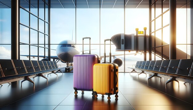 Two suitcases one purple one yellow stand at an airport with a plane outside