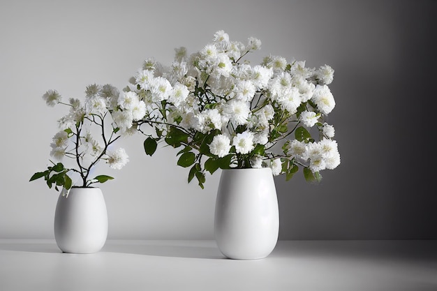 Two summer flower bouquets in white vases with white flowers on
gray background