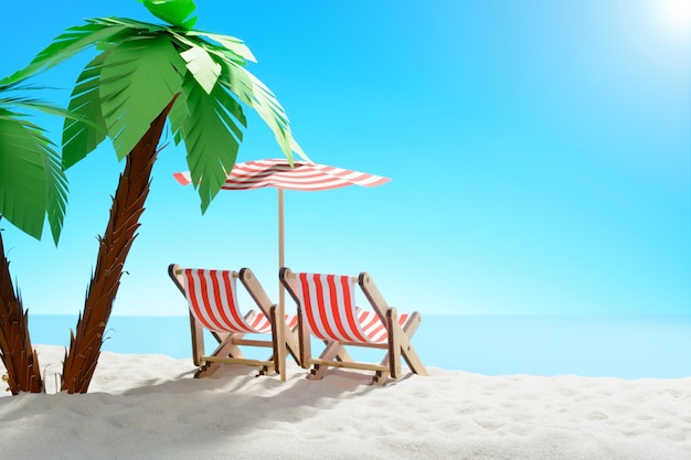 Two sun loungers under a palm tree on the sandy coast. Sky with copy space background