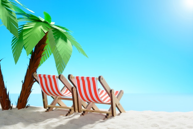 Photo two sun loungers under a palm tree on the sandy coast with copy space