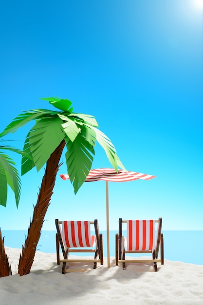 Photo two sun loungers under a palm tree on the sandy coast