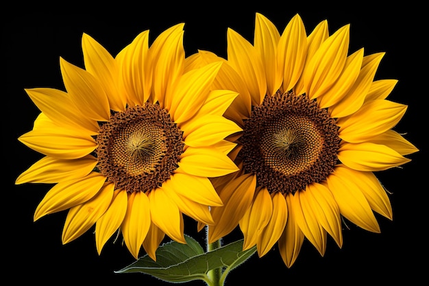 two sunflowers are shown in a vase