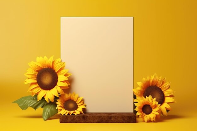 Two sunflowers and blank paper on vibrant yellow background