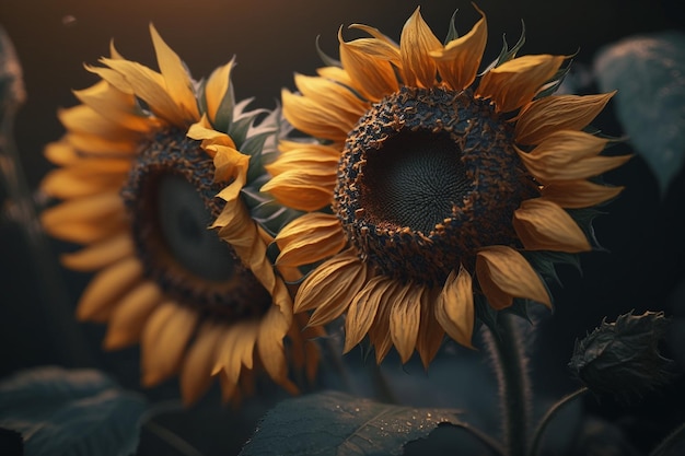 Two sunflowers in a field with the sun shining on them