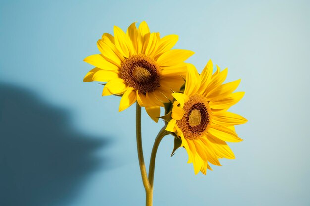 Two sunflowers in the sunny ambience light blue background with shadow