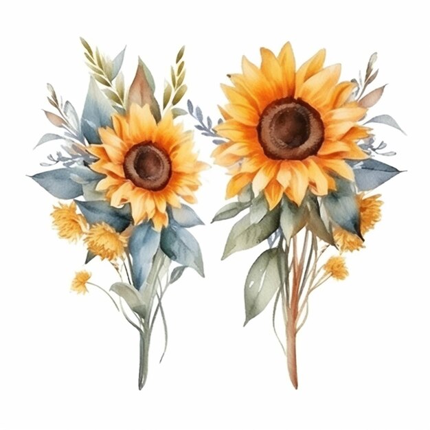 two sunflowers with leaves and flowers on a white background generative ai