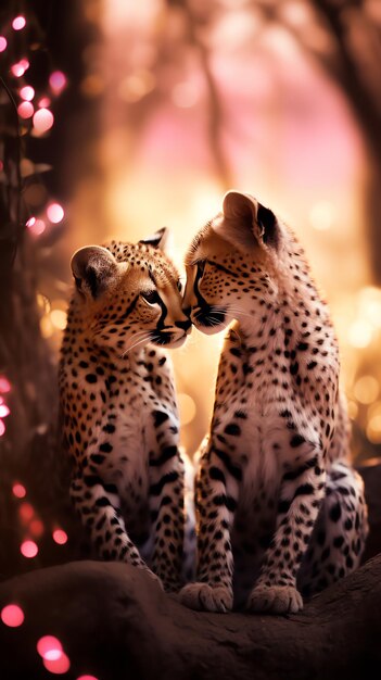 Photo two super cute cheetah couple in love kissing happy valentine's day greeting card ai generated image