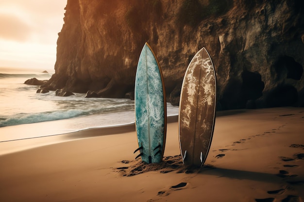 Two surfboards on a beach with a sunset in the background