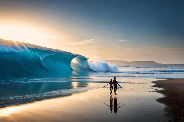 Two surfers are standing on the beach with a wave in the background