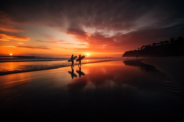 Two surfers walk along the sandy ocean shore at sunset