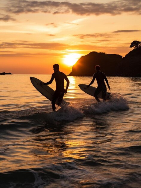 two surfers walking out of the ocean at sunset