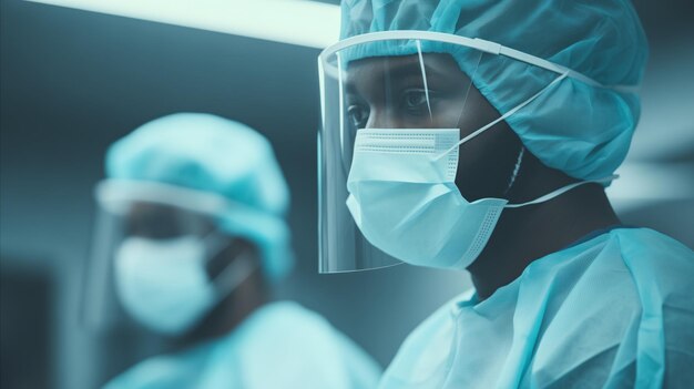 Photo two surgeons in scrubs and face masks