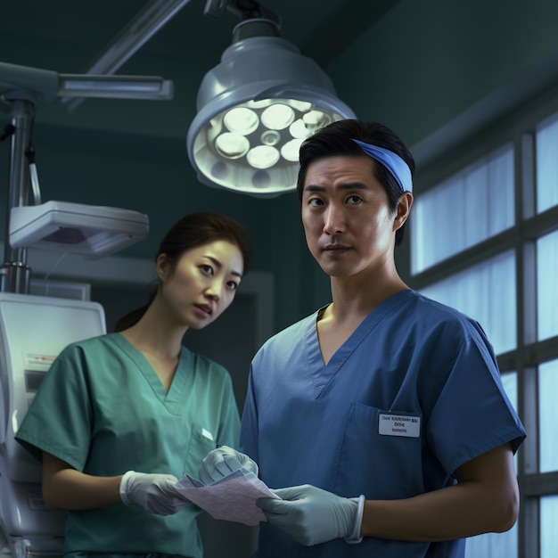 Two surgeons in scrubs stand in an operating room