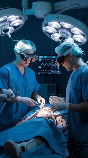 two surgeons wearing augmented reality headsets and using high precision remote controlled robot ar