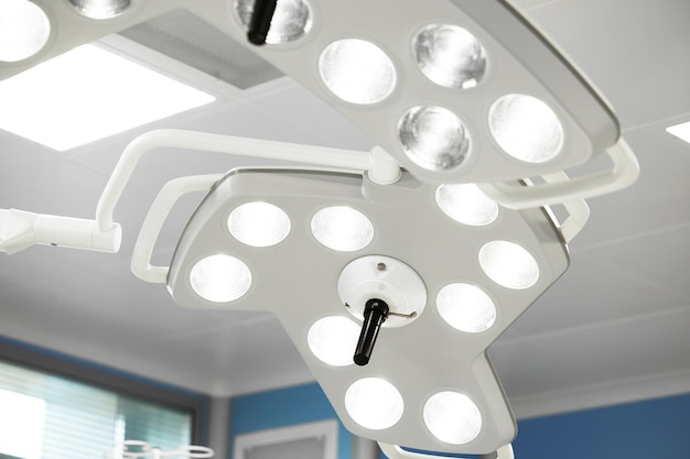 Two surgical lamps in operation room Blue cast light represent purity and clinical mood Useful file for your hospital brochure medical article and other purpose