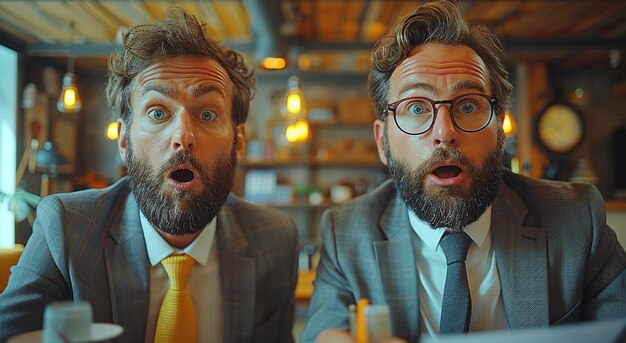 Foto due uomini d'affari sorpresi in una riunione in un ristorante che mostrano una reazione umoristica