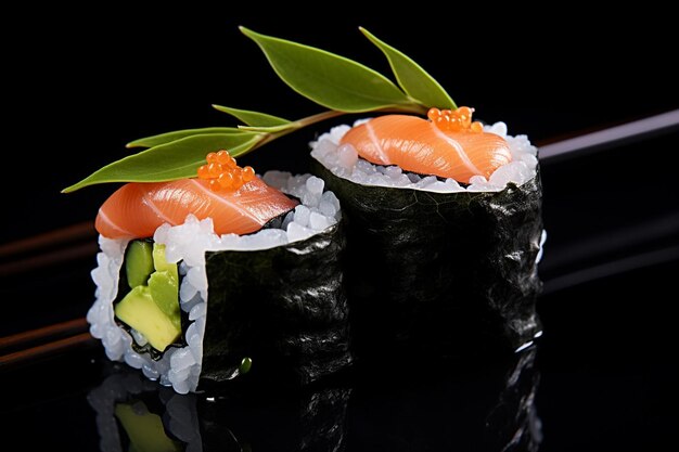 Two sushi rolls on a green leaf in black space