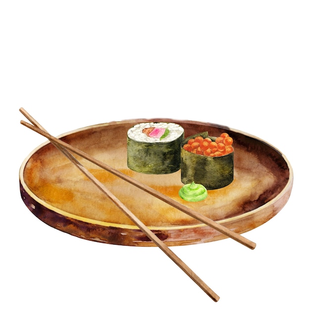 Two sushi rolls on round plate