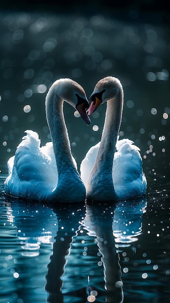 Foto due cigni stanno facendo una forma di cuore nell'acqua