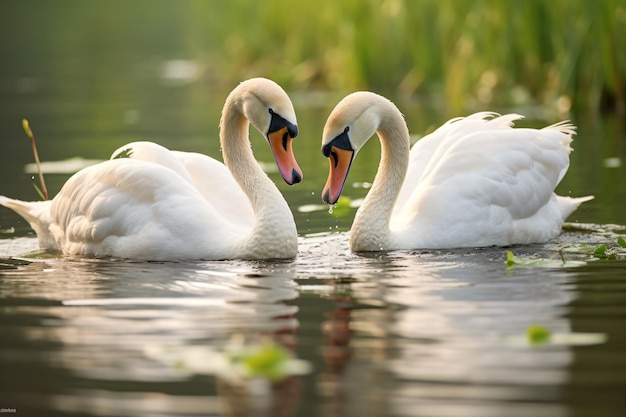 two swans are swimming in a pond with grass