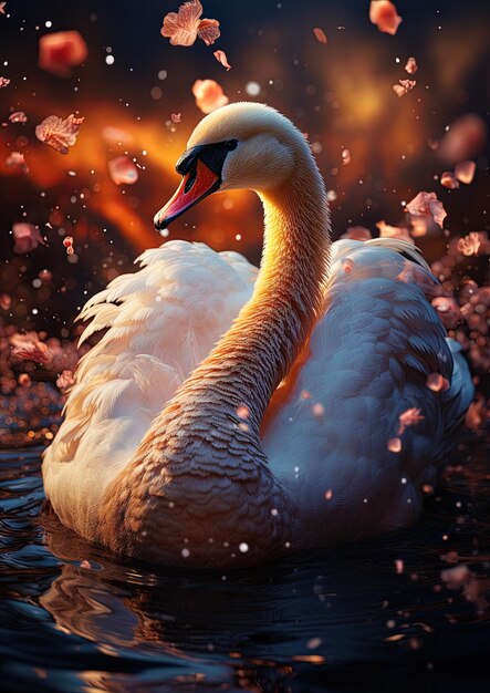 two swans are swimming in the water with the sun shining on them