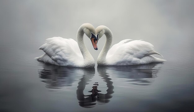 two swans floating on water dipped in mist in the style of calming symmetry