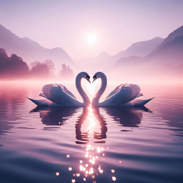 Photo two swans forming a love heart on a lake at sunset