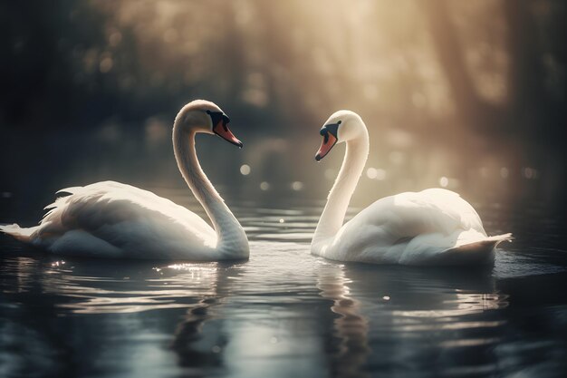 Two swans on a lake with sunlight shining on the water