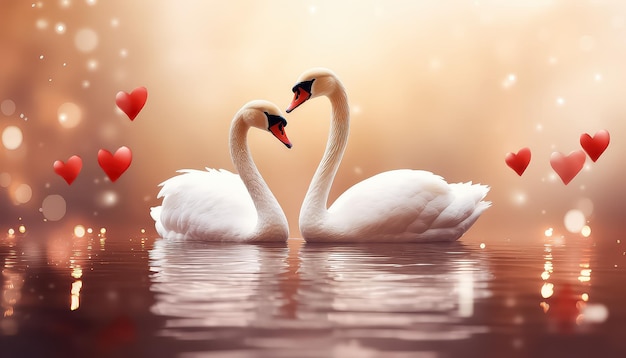 Two swans in love on the lake valentine's day concept