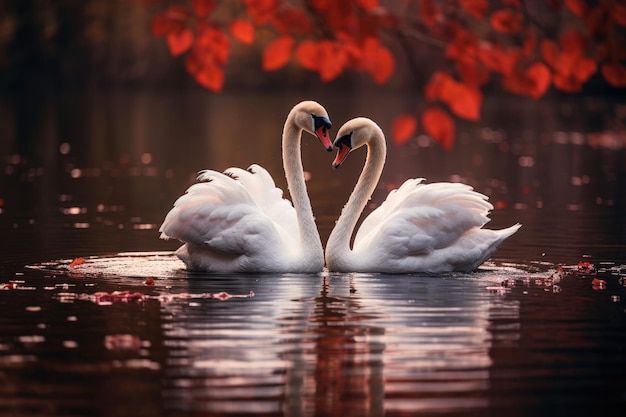 Foto due cigni innamorati che nuotano nel lago d'autunno una coppia di cigni bianchi a forma di cuore che galleggiano nello stagno