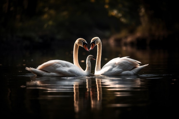 Two swans making a heart with their necks in the water