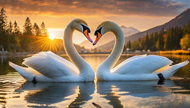 Two swans male and female create a heart shape with their graceful necks silhouetted against a br
