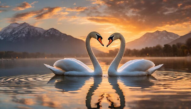 Two swans male and female create a heart shape with their graceful necks silhouetted against a br