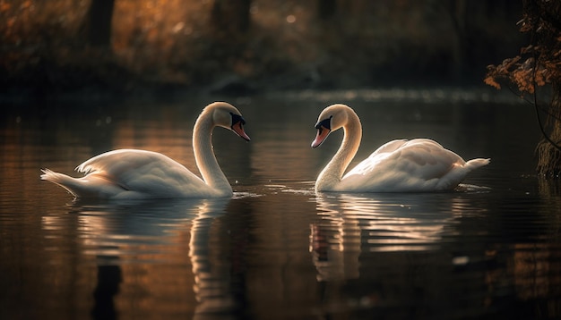 写真 湖の上の2羽の白鳥とその後ろに金色の夕日