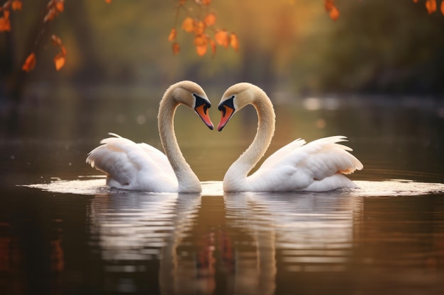 Two swans swimming in harmony