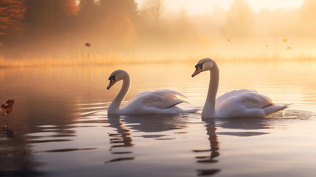 Two swans swimming on a misty lake at sunrise