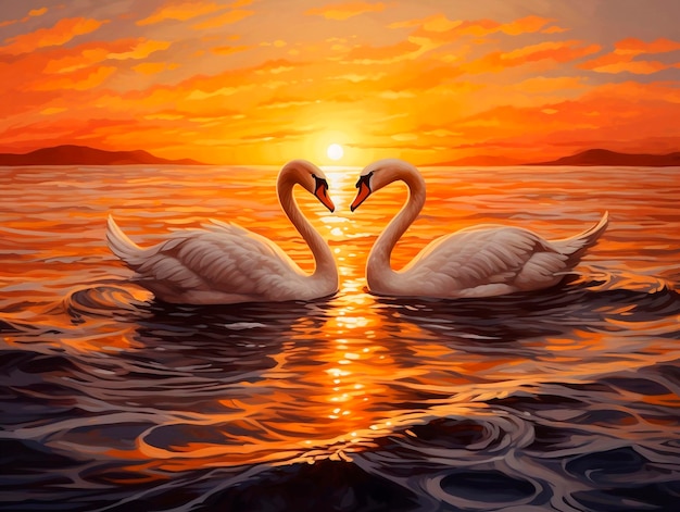 Two swans swimming in the sea at sunset