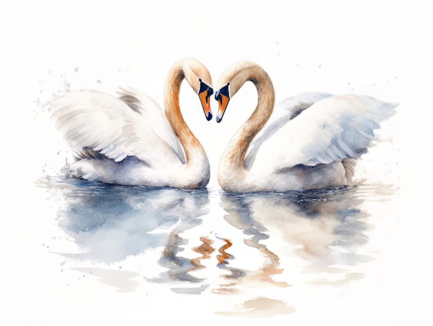 Two swans on the water Digital watercolor painting on white background