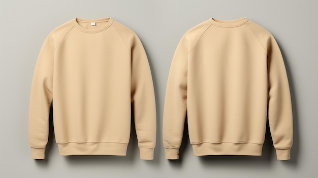 Photo two sweatshirts beige colors on a one color background mock up blank for creating promotional products with prints and logo