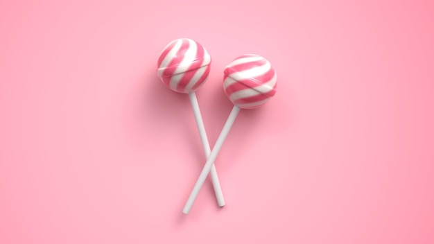 Two sweet striped pink and white lollipops on stick on bright pink background