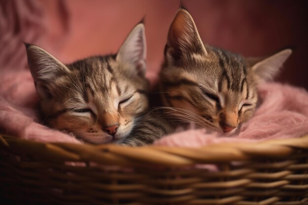 写真 バスケットの中で眠っている2匹のタビー猫