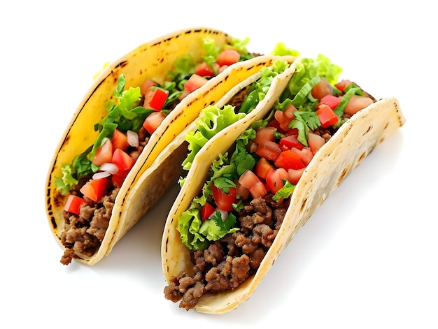 Two Tacos lying one by one isolated on a white background Traditional Mexican street food