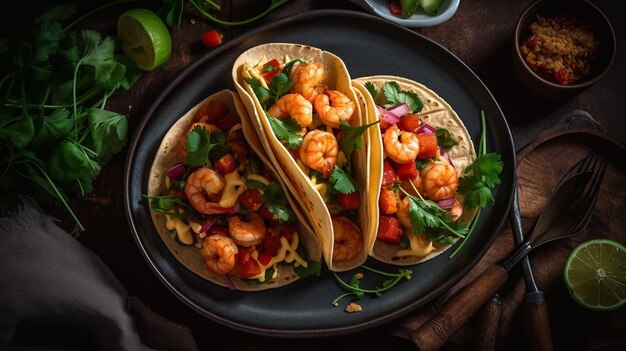 Two tacos on a plate with shrimps on top