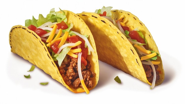 Two tacos with beef tacos on a white background.