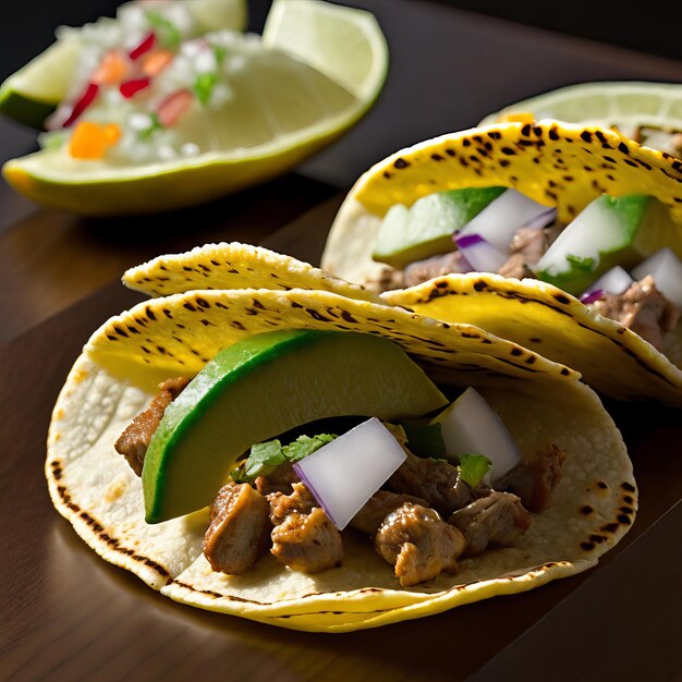 Two tacos with meat and vegetables are on a table