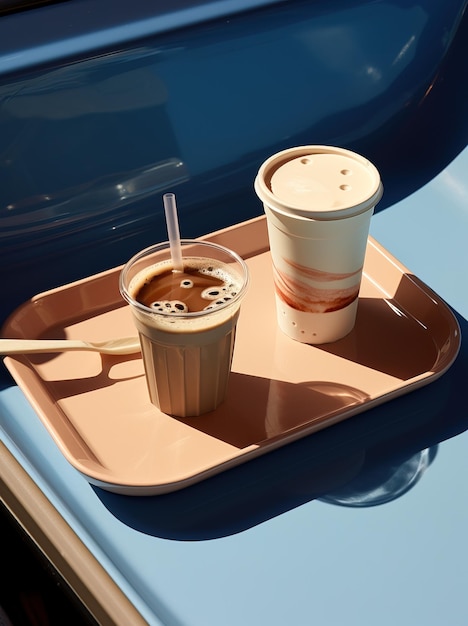 사진 파란 차량 배경에 차 트레이에 두 개의 테이크아웨이 커피 컵