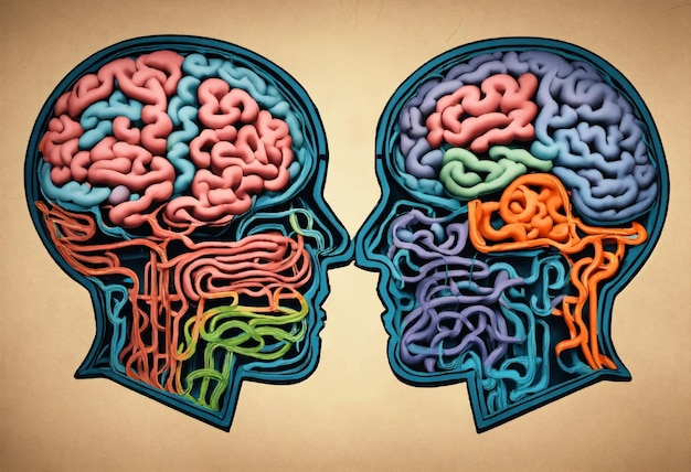 Two talking brain outlines communicating with each other PNG